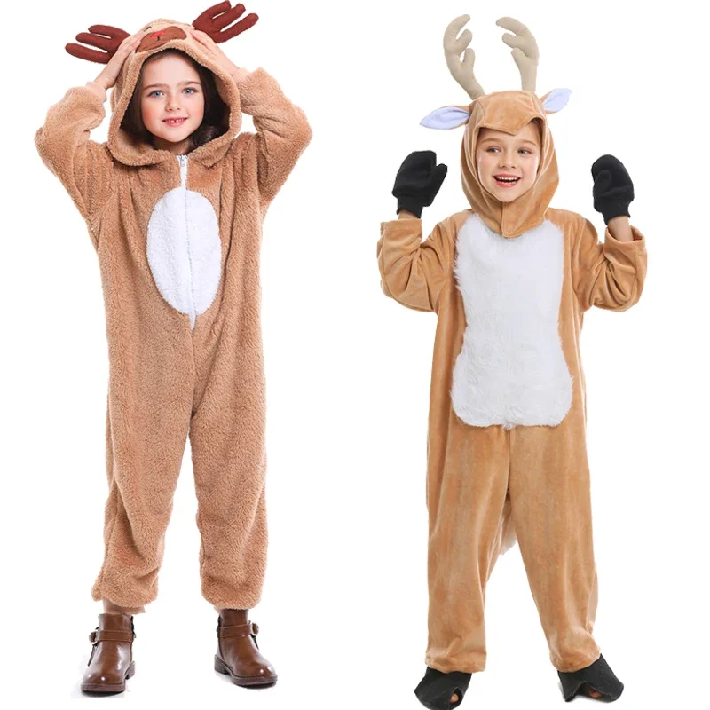 

Kids Christmas Reindeer Costume Brown Deer Onesie Plush Cartoon Animal Jumpsuit Pajamas