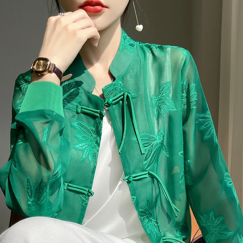 

Новый китайский атласный длинный све с вышивкой, женский открытый кардиган с высоким воротником, деловой повседневный трикотаж свободного покроя