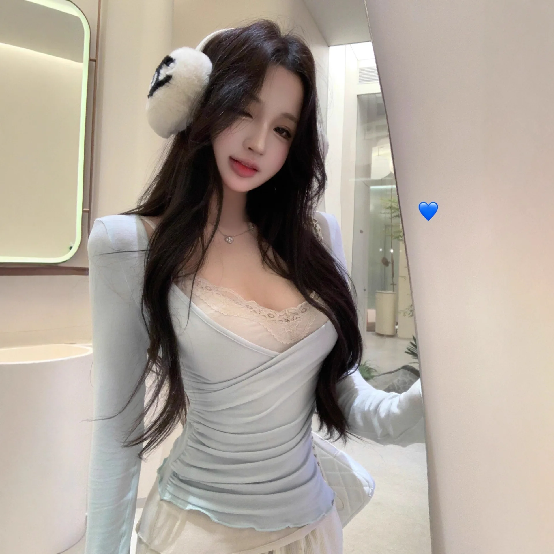 2026 New Autumn Women Ruched Slim Cross Long Sleeve T Shirt Set Waist Defined Lace Cami Tank Top 2 Piece Outfit