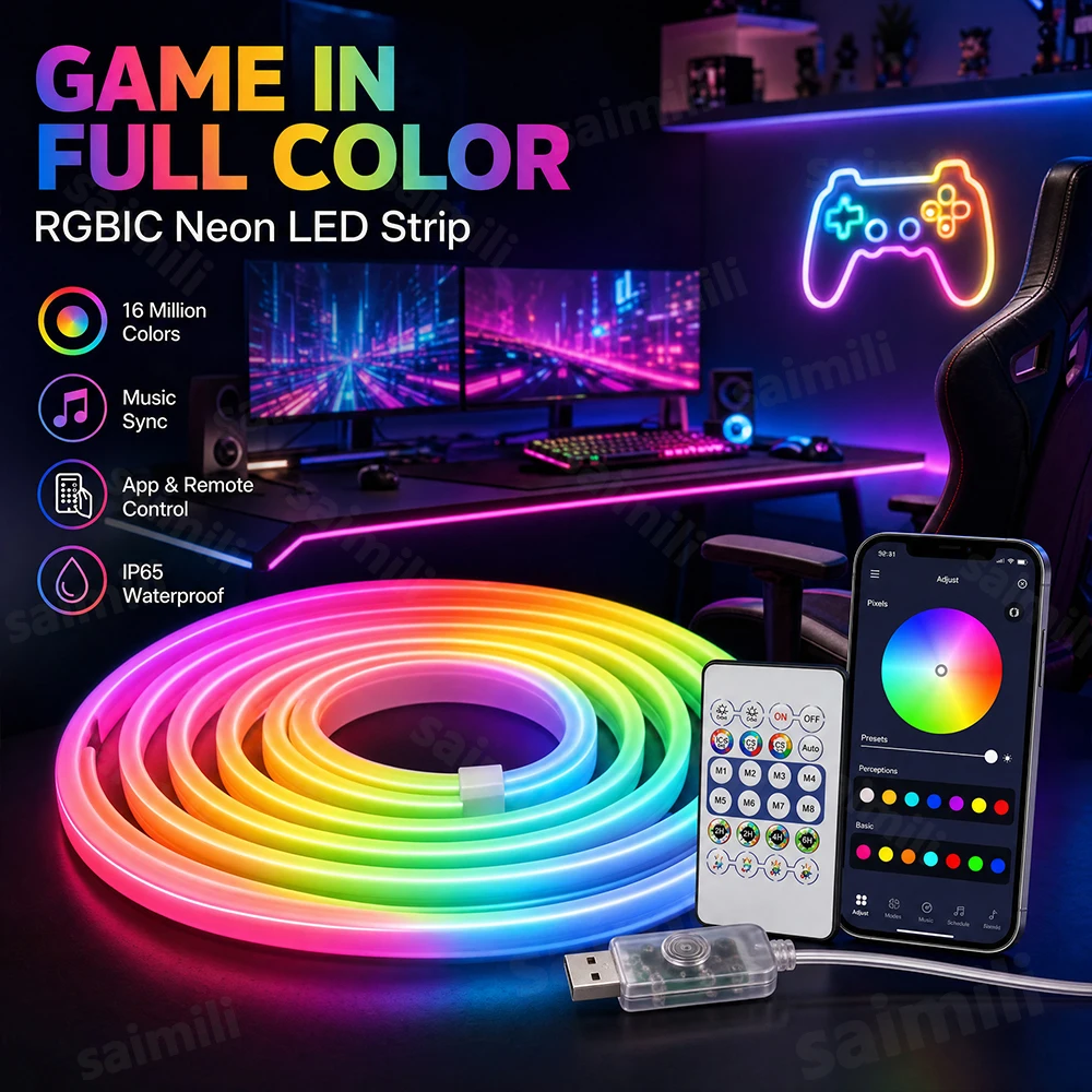 RGBIC LED Neon Strip Light USB 5/10M Waterproof Cuttable DIY Flexible Neon Rope Light APP IR Remote Control Custom Length