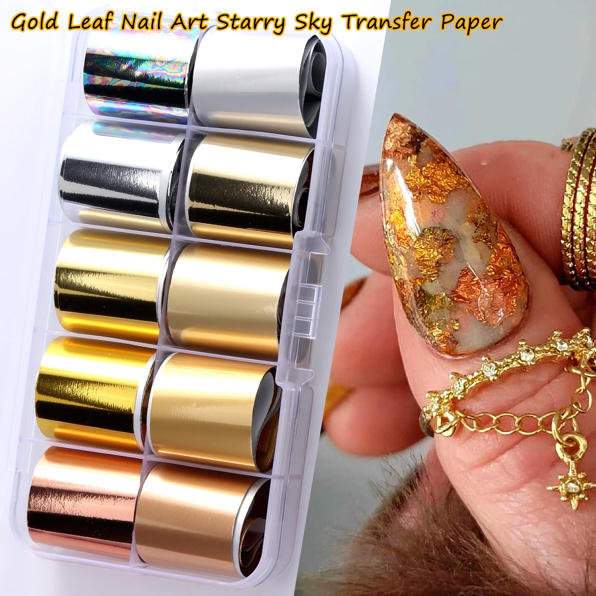 10 Rolls Metallic Gold Silver Rose Gold Starry Sky Nail Foil Transfer Paper, Holographic Nail Decals Stickers for DIY Manicure N