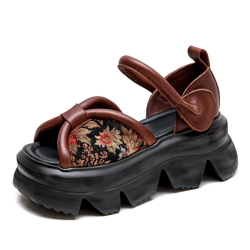 

7CM Stretch Fabric Women Sandals Cow Genuine Leather Platform Flats Chunky Sneakers Elastic Moccasins 2025 Fashion Natural Shoes