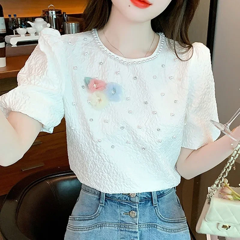 New Fashion Sweet Office Women\'s Shirts Casual Summer Short Sleeve Women Blouses with Beading Elegant Floral Woman Tops 1036