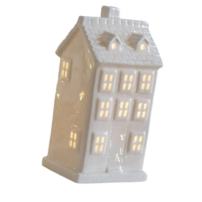 Maison Village Miniature en porcelaine avec lumière LED, Figurine maison scintillante en céramique, décoration bureau