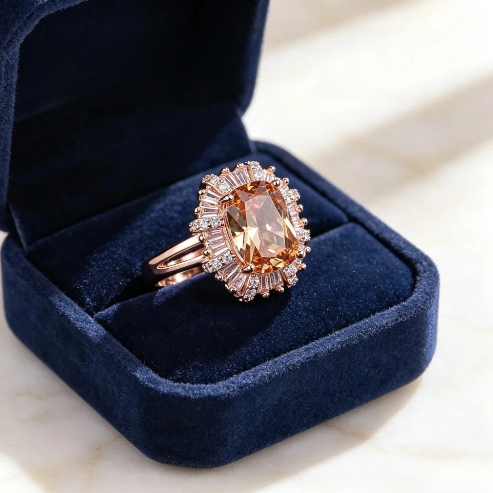 Exquisite 925 sterling silver elegant champagne diamond ring, specially designed for women