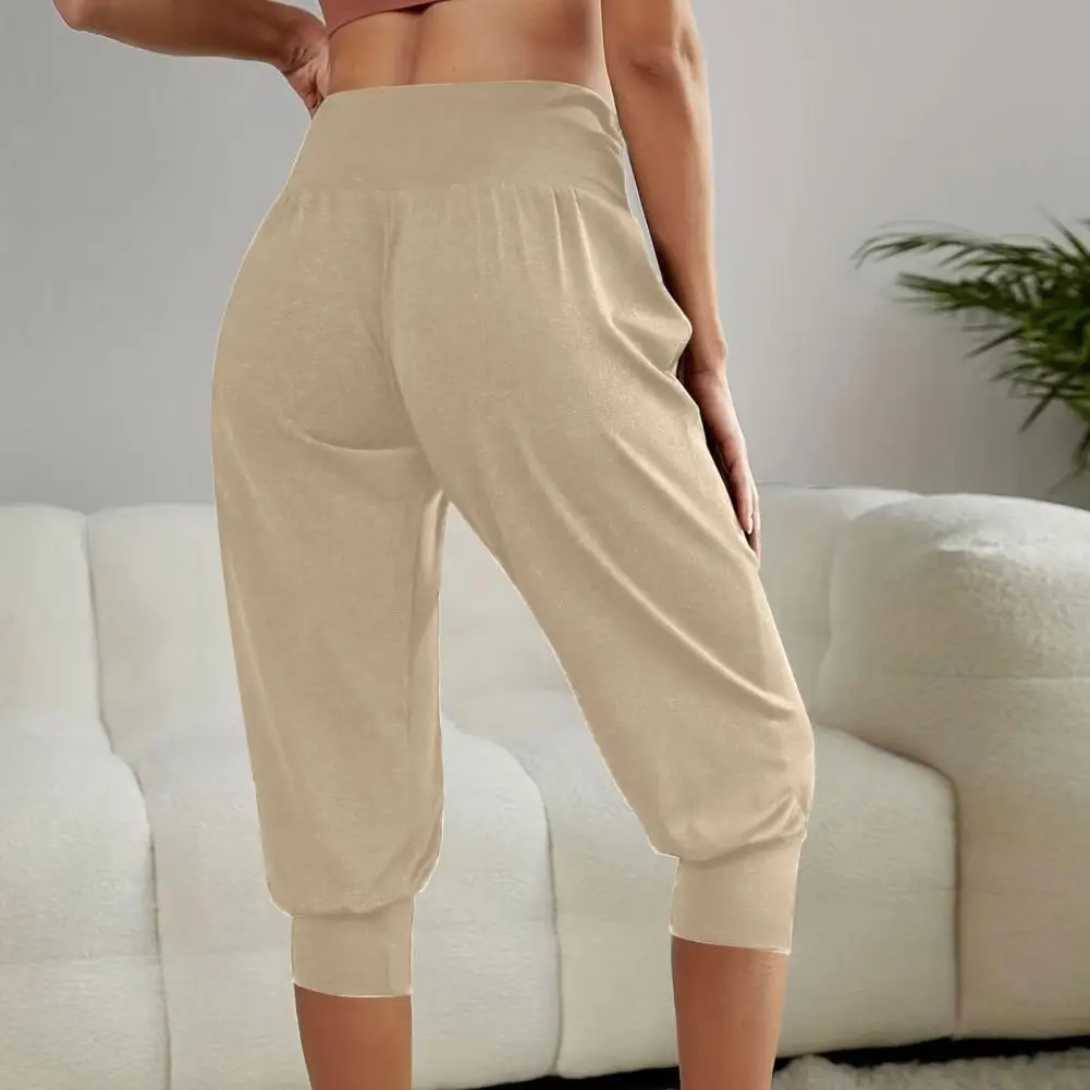 Calça esportiva casual feminina, elegante calça recortada, elástico, cintura alta, ajuste solto, ioga