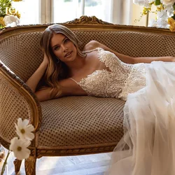 LORIE 3d Flower Wedding Dresses A-Line Lace Applique Illsion Elegant Bridal Gown Spaghetti Strap Princess Party Dress Customized