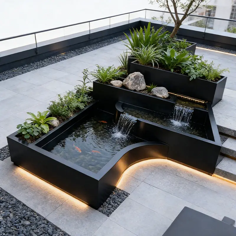BJ-2 Balcony Stainless Steel Fish Pool Flower Box Metal Water Flow Ornament Outdoor Terrace Courtyard Water View Waterfall