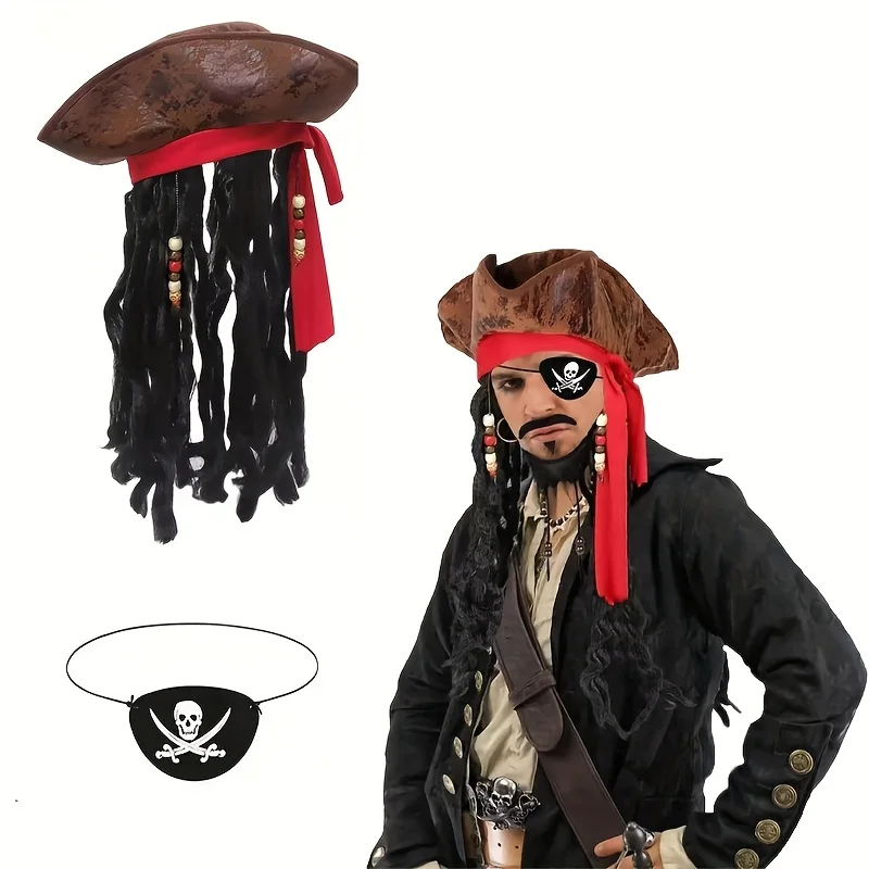 2-3pc Pirate Captain Costume Accessories Set Includes a unique red turban curly pirate hat skull eye patch and bead