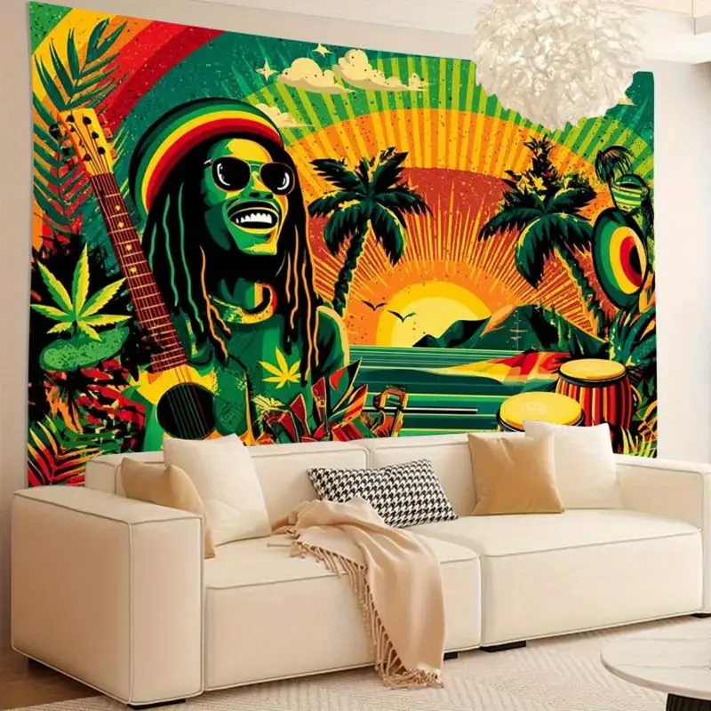VIKAMA Jamaican Reggae Bob Tropical Palm Guitar Sunset Beach Tapestry, Bohemian Wall Hanging for Dorm Living Room Decor