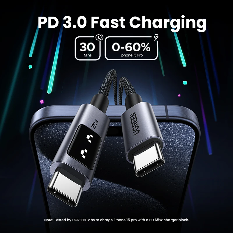 Cable UGREEN UNO PD100W carga rápida USB C para iPhone 17 16 15 tipo C a tipo C para Samsung Xiaomi MacBook 3