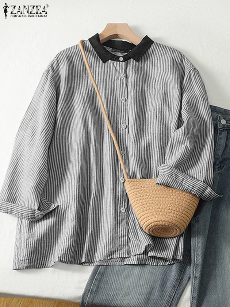 ZANZEA 2024 Commuting Buttons Shirts Women Casual Drop Shoulder Long Sleeve Tops Turn Down Collar Stripes Splicing Blouses