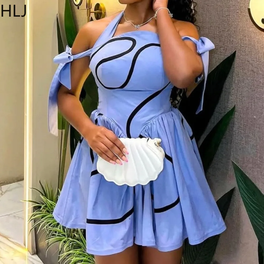 HLJ Fashion Stripe Print Bodycon Mini Dress Women Halter Off Showlder Backless Dresses Female Streetwear Vestidos 2025 Summer