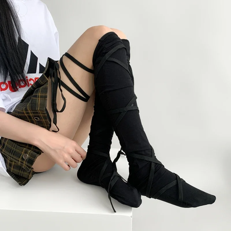 Women's Punk Strappy Ballet Calf Socks Gothic Lolita Tie-Leg Stockings with Bow Accents Japanese Jk Cosplay Knee-High Thin Socks