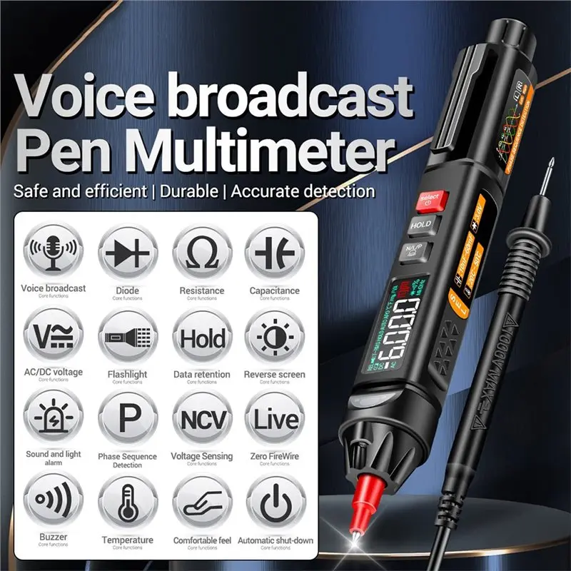 ABNL A3009 Mini Pen Digital Multimeter NCV Tester 6000 Counts Voice Broadcast With Reverse LCD Display& Built-In Flashlight