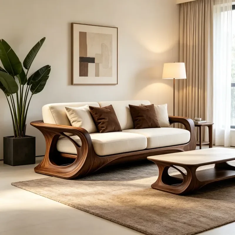 New Chinese Style Solid Wood Single Sofa Chair Maillard Tone Leather Lazy Lounge Chair Creative Living Room Furniture