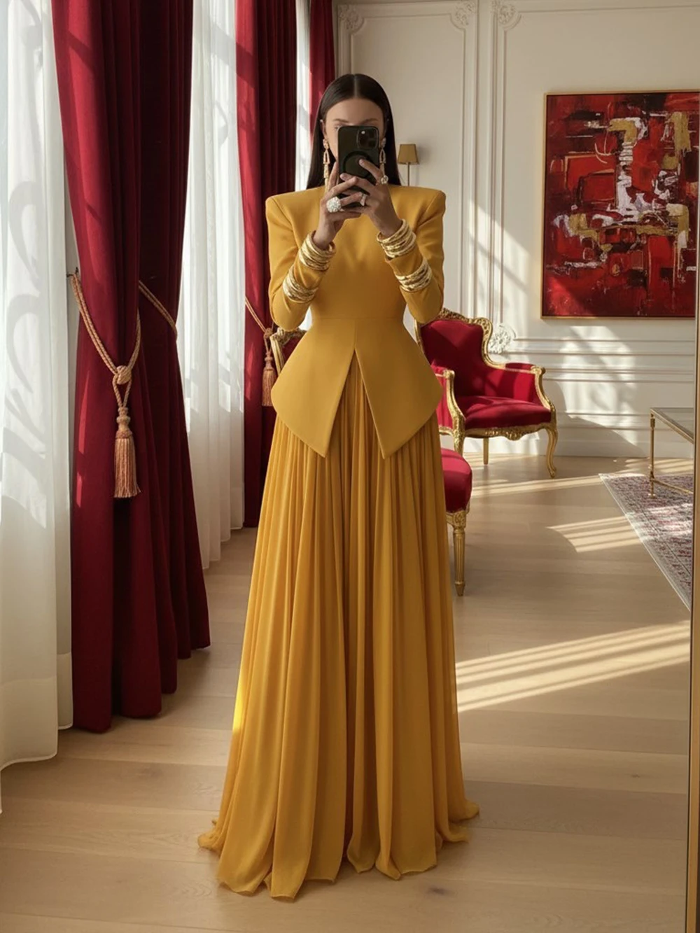 Modphy Solid Two Piece Set For Women Stand Collar Long Sleeve High Waist Tops Pleated long Skirt Chic Set Female Fashion