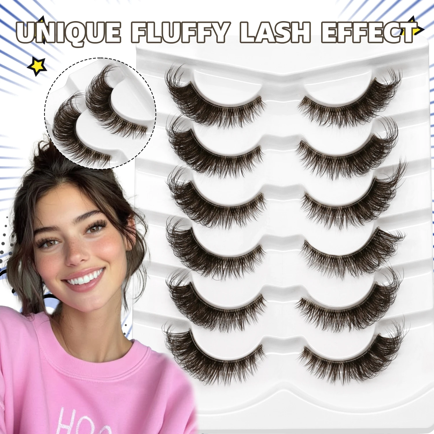 LASVIREY Braune Wimpern Flauschige Katzenaugen-Wimpern Natürlicher Look Künstliche Wimpern C-Curl Weiche Wispy 3D Faux Mink Streifenwimpern Verlängerung