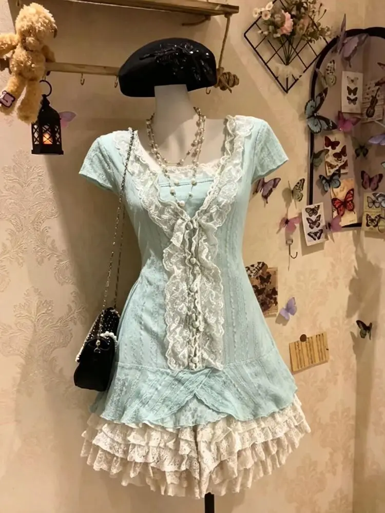 Japanese Vintage Square Neckline Lace Bow Ruffle Tiered 2 Piece Set Mint Green Short Sleeve Top Mini Skirt Women Party Outfits