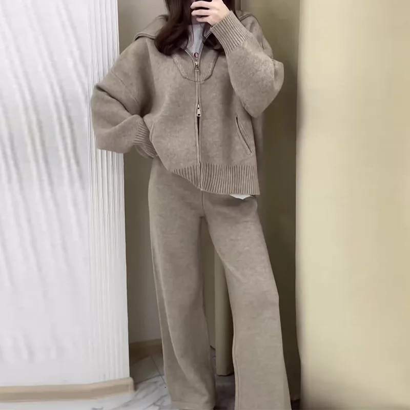 Autumn Lapel Solid Color Sweater Padded Trousers Women's Suit
