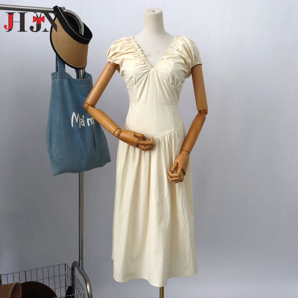 JHJN 2024 Summer & Autumn Women's Bubble Sleeve Dresses Waist Simple Sweet Style Cream coloured Dresses Cotton Women's dresses