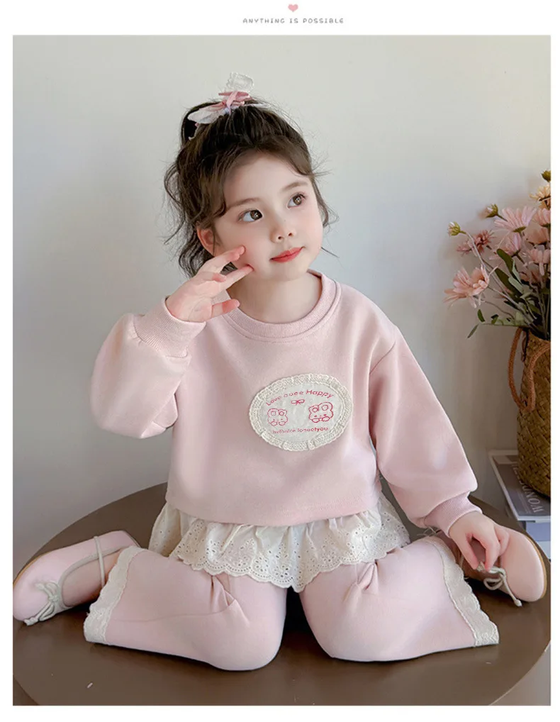 2026 Neues Herbst-Set für Mädchen, 2-teilig, Kinder-Sweatshirt mit süßem Muster, Spitze und Rüschensaum, Hosenanzug, lässiges Prinzessinnen-Outfit für Kinder, 0-10 Jahre – Detail 8
