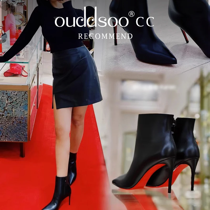 

Ods Luxury Brand Sexy Black Leather Pointed Toe Botas De Mujer Red Sole Mid-Calf Boots For Women Back Zipper Office Lady Bare 46