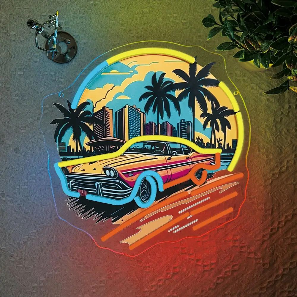 Sports Car Racing Neon Sign UV Print Dimmable Hawaiian Style LED Light Up for Wall Boys Girls Room Man Cave Garage Game Room