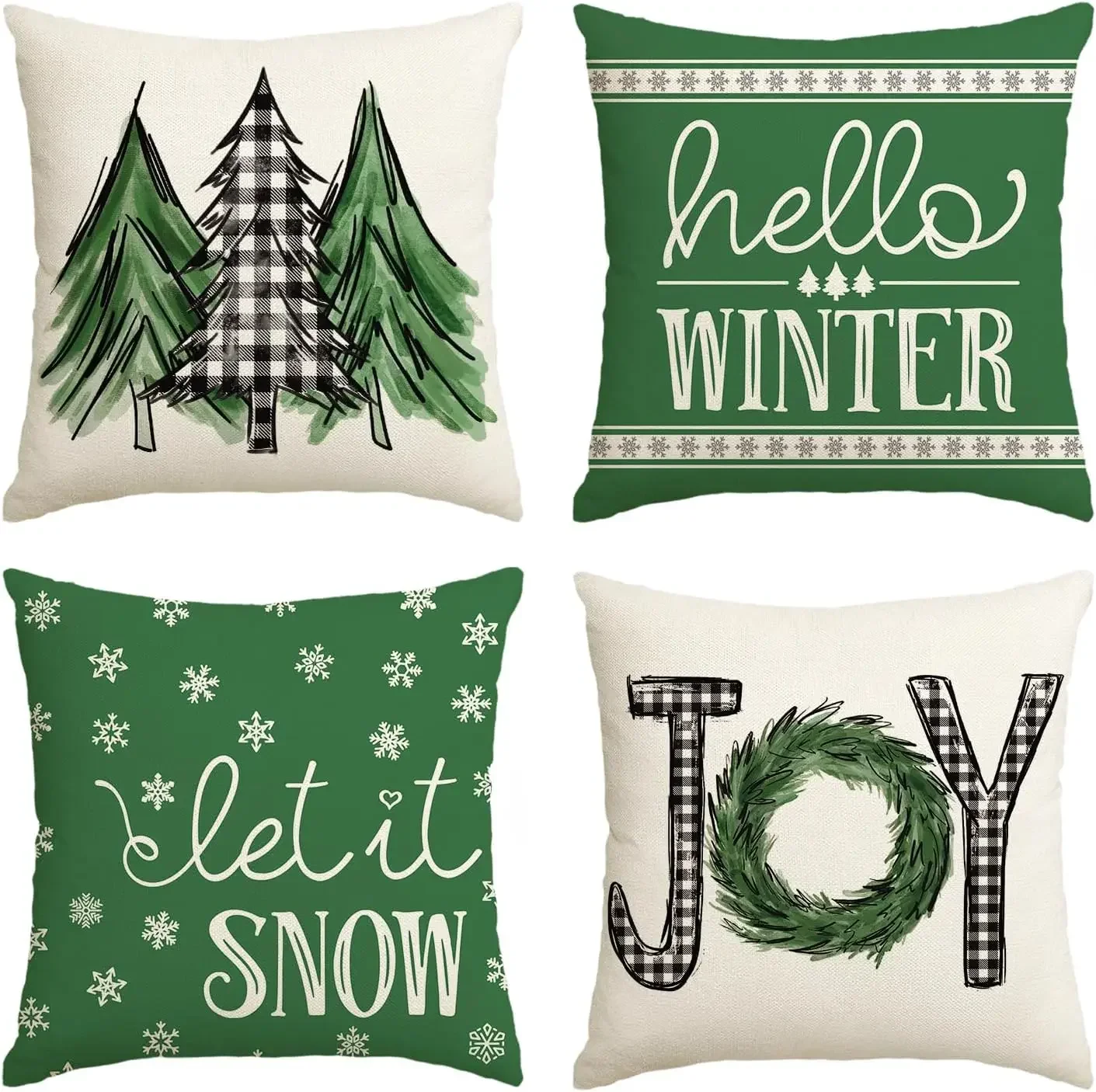 Merry Christmas Trees Mottos Green Throw Pillow Covers,Hello Winter Let it Snow Holiday Cushion Case Decoration for Sofa Couch