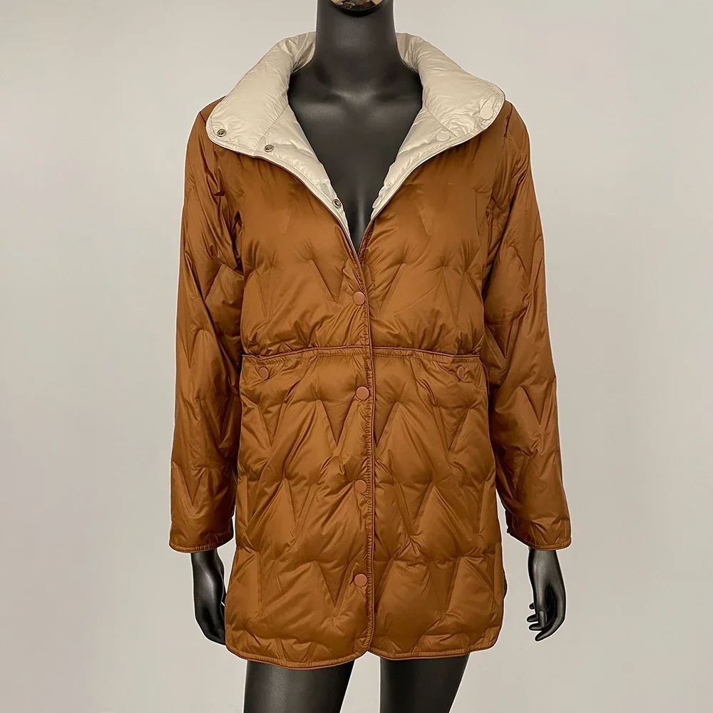 

Осень-зима 2022, легкие пуховые пальто средней длины, женская двусторонняя куртка с воротником-стойкой, куртка на 90% белом утином пуху, свободная повседневная куртка