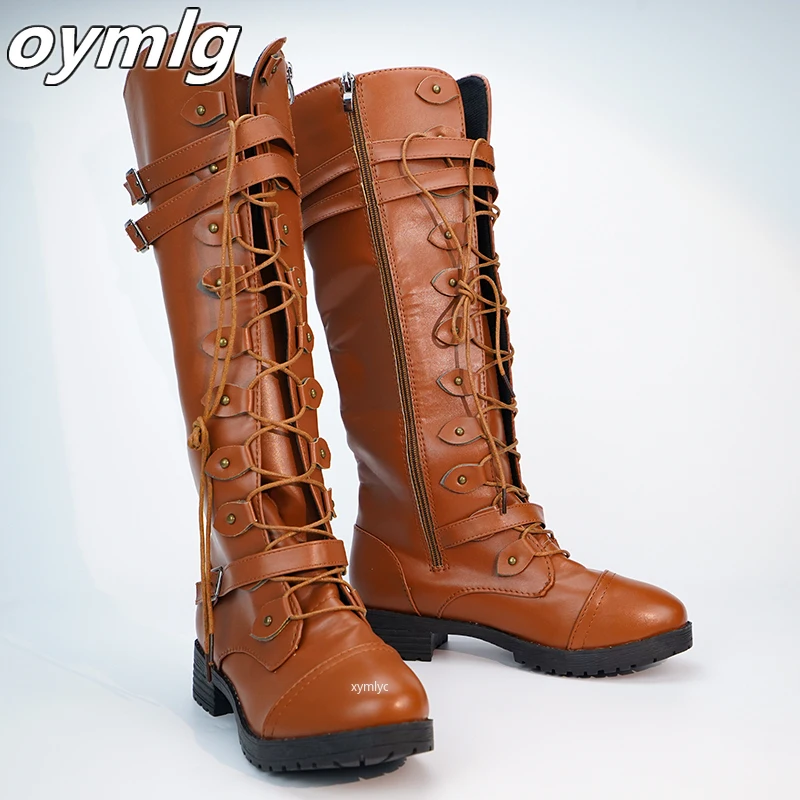 Women Knee high Boots Autumn Winter Lace Up Flat Shoes Sexy Steampunk PU Retro Buckle women shoes Ladies Snow Boots