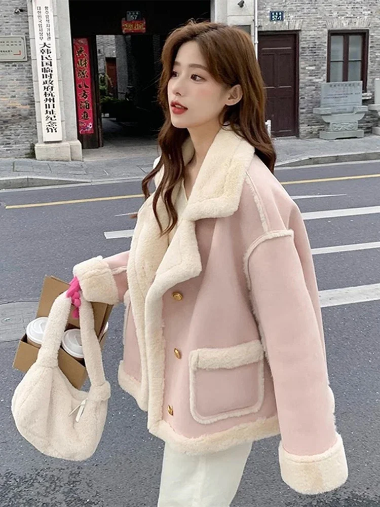 Faux Fur Jacket Women Street Casual Standneck Thicken Korean Warm Coat Female Winter Solid Chic Plush  Loose Outwears Lady