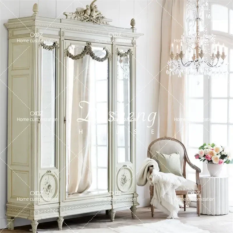 Retro Solid Wood Wardrobe European Luxury Hand Carved Antique Storage Cabinet with Mirror Vintage Bedroom Furniture