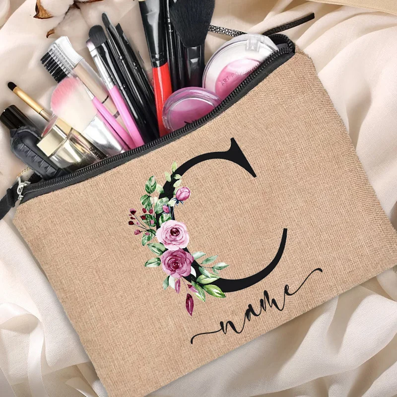 Linen Makeup Bag Customized Personalized Name Cosmetic Bag Bridesmaid Clutch Outdoor Travel Beauty Bachelor Party Lipstick Bag