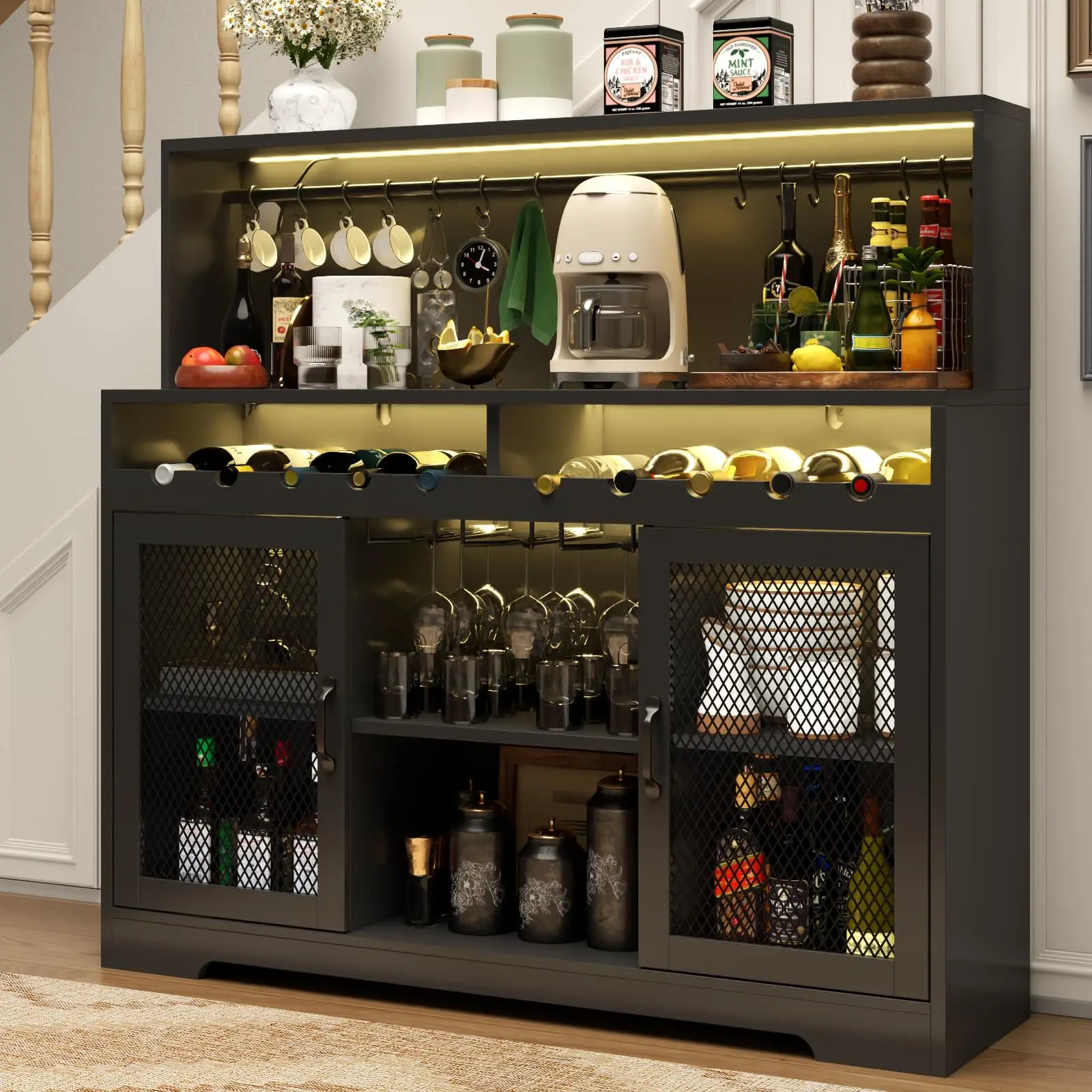 Wine Bar Cabinet with LED Light, Liquor Cabinet with Glass Holder, Coffee Bar for Liquor, Storage Buffet with Wine