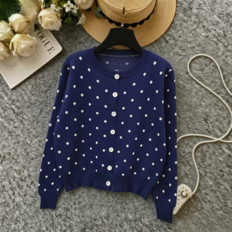 Ladies Elastic Knitted Cardigan Navy Blue White Polka‑Dot Print Round Neck Button Long Sleeve Sweater Cropped Knit Top Fall Wear