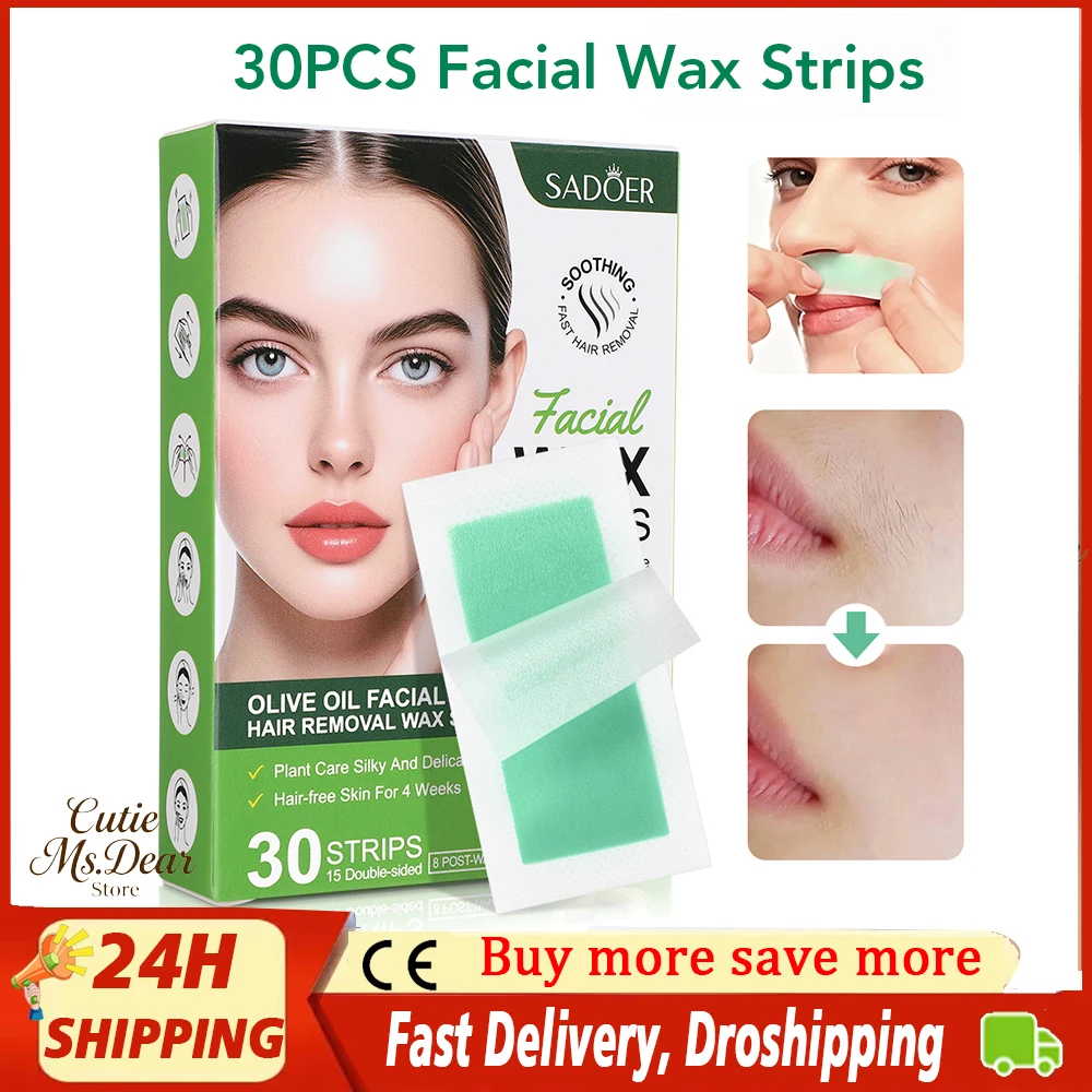 

30 шт. восковые полоски для лица + 8 успокаивающих масляных салфеток восковые полоски для депиляции лица, бровей, верхних губ и подбородков, быстрые и безболезненные волосы
