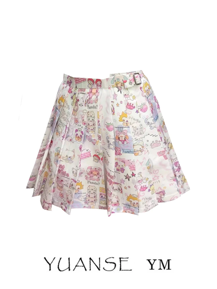 Adorable Adjustable  Cartoon Print Half Skirt Women's Spring Autumn Slimming Versatile Pleated Skirt Sweet Style