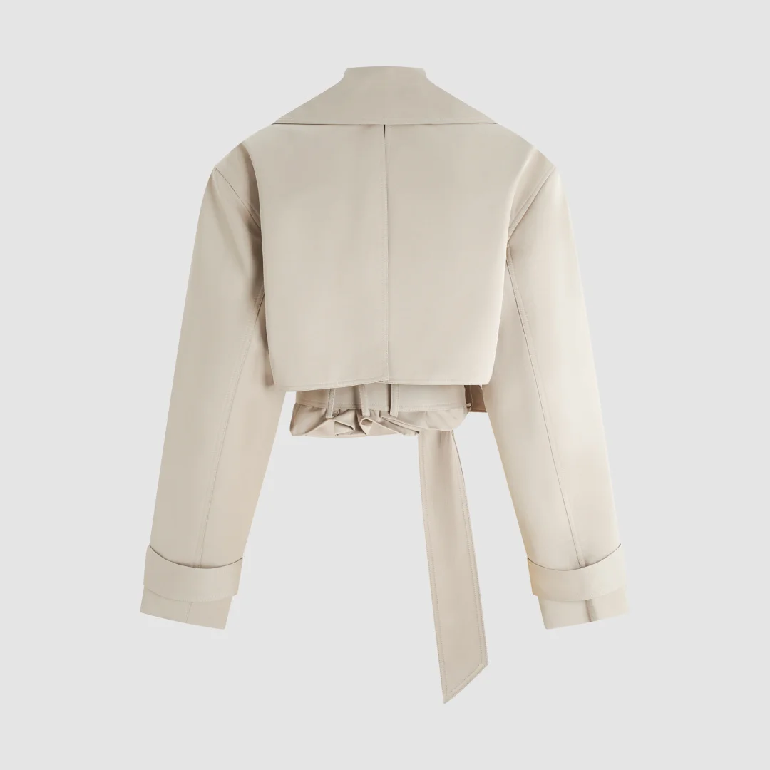 2026 Women's Cropped Trench Coat Beige Oversized Lapel Short Jacket Double Breasted Belted Windbreaker Spring Autumn