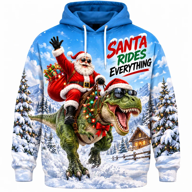 Funny Santa Christmas Hoodie 3D Print Reindeer Dinosaur DJ Gym Holiday Pullover Winter Streetwear Party Gift