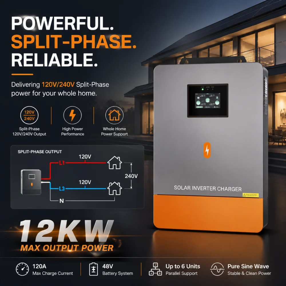 PowMr 10KW/12kW Dual Voltage Inverter 120V/240V Split Phase Built in 2 MPPT 500V PV Input Max 160A Charging with BMS up to 6 Units in Parallel Zero Export CT Off-Grid for LiFePO4 Lead Acid Compatible