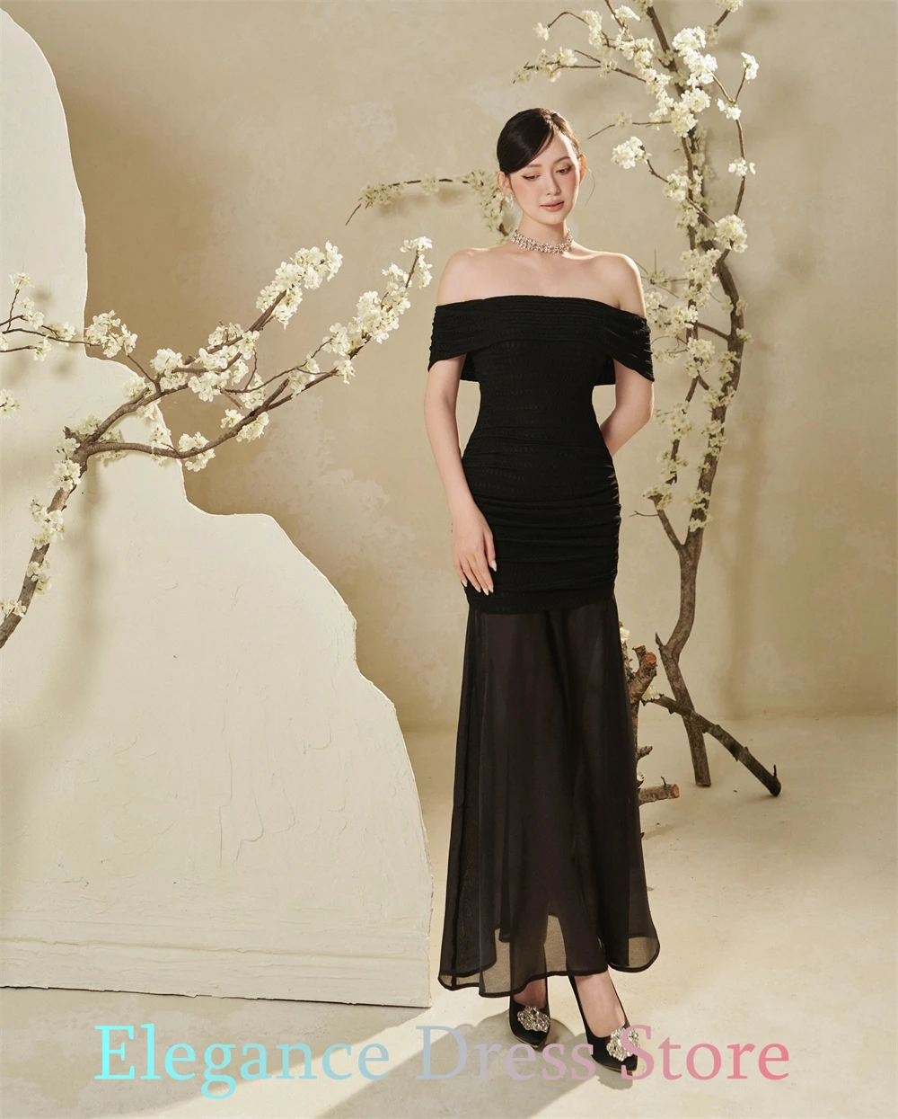 Personalizado sereia simples preto chiffon vestido de noite elegante fora do ombro sem mangas vestidos de baile moda p