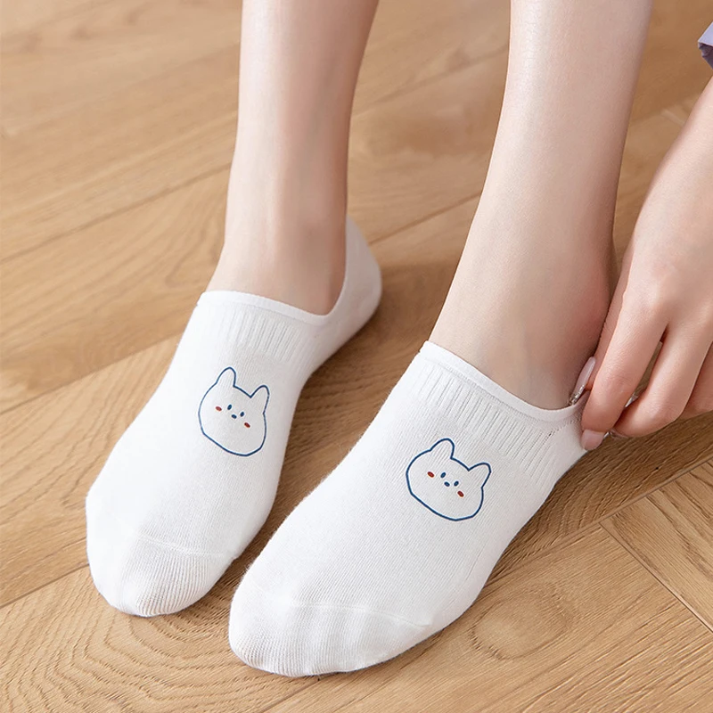 

5 Pairs/set Womens Streetwear Cute Funny Boat Socks Short Happy Ankle Socks Rabbit Cow Animal Cotton Solid Casual Crew Socks