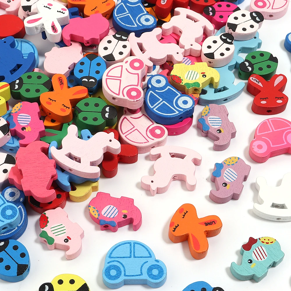

30pcs Cute Cartoon Car Animal Shape Wooden Beads Loose Spacer Beads For Decoration Making Gifts Charms Accessories