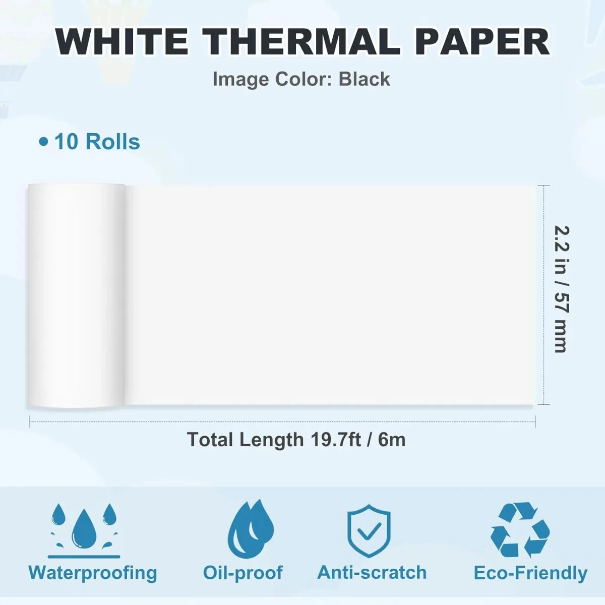 10 rollen thermisch printerpapier 2,2 inch x 19 ft rollen voor mini-pocketprinter witte kleuren kleverige ontvangstpapierrollen POS-papieren