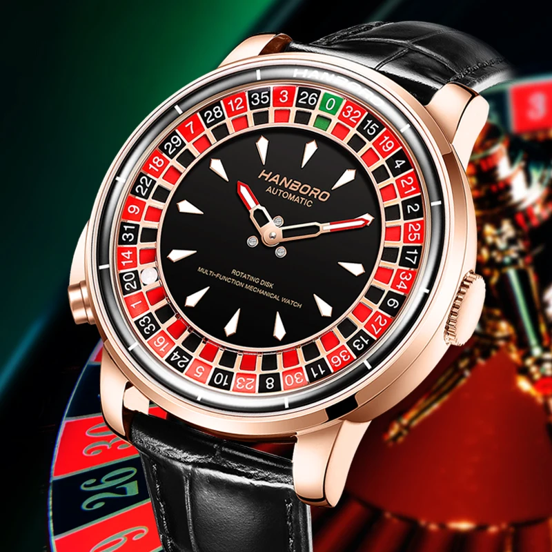 HANBORO Roulette Men's Automatic Mechanical Watch 8215 Movement Rose Gold Rotating Dial Luxury Skeleton Steel Waterproof Leather