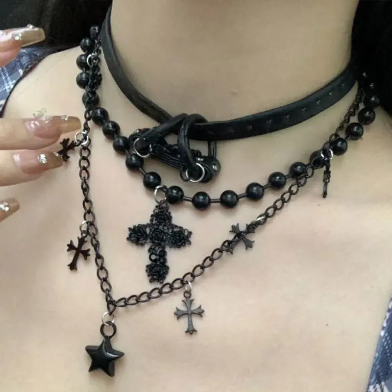 sexy Punk style pentagram pendant cross multi-layer necklace collarbone chain cosplay lingerie trendy hot accessories sex suit