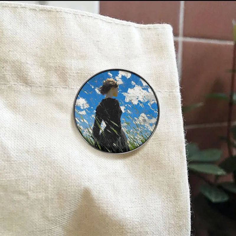 Oil Painting Black Dress Woman Back View UV Printing Badge Artistic Landscape Style Brooch Lapel Accessory Gift For Art Lovers