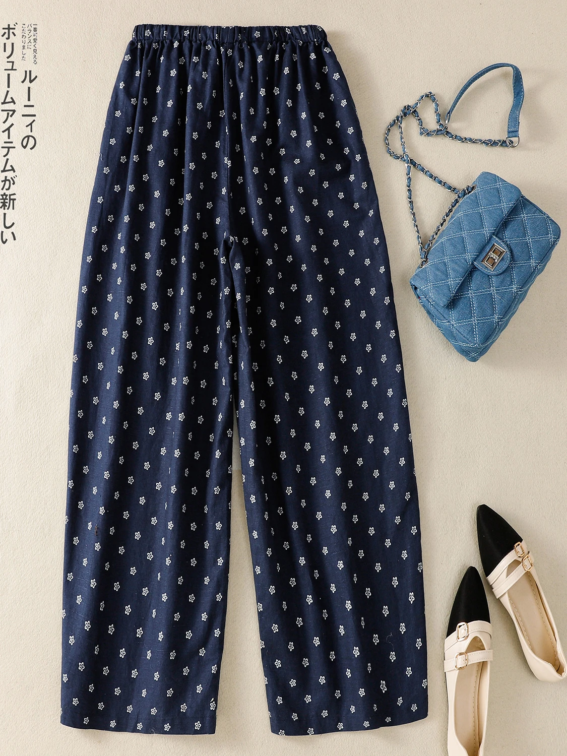Retro Floral Print Cotton Linen Wide Leg Pants Loose Elastic Waist Casual Slimming Summer Nine Points Women's plus Size Trousers