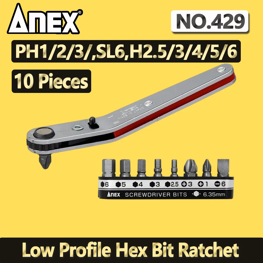 

Отвертка с храповым механизмом ANEX для плоскогубцев, винтов с прорезями и шестигранной головкой Компактная бита прямого типа 19 мм, ручной инструмент No 429